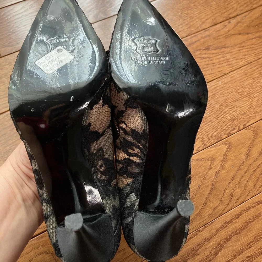 Stuart Weitzman Sheer Lace Whimsigoth Rosette Leather Heel Women 7.5 Black $390